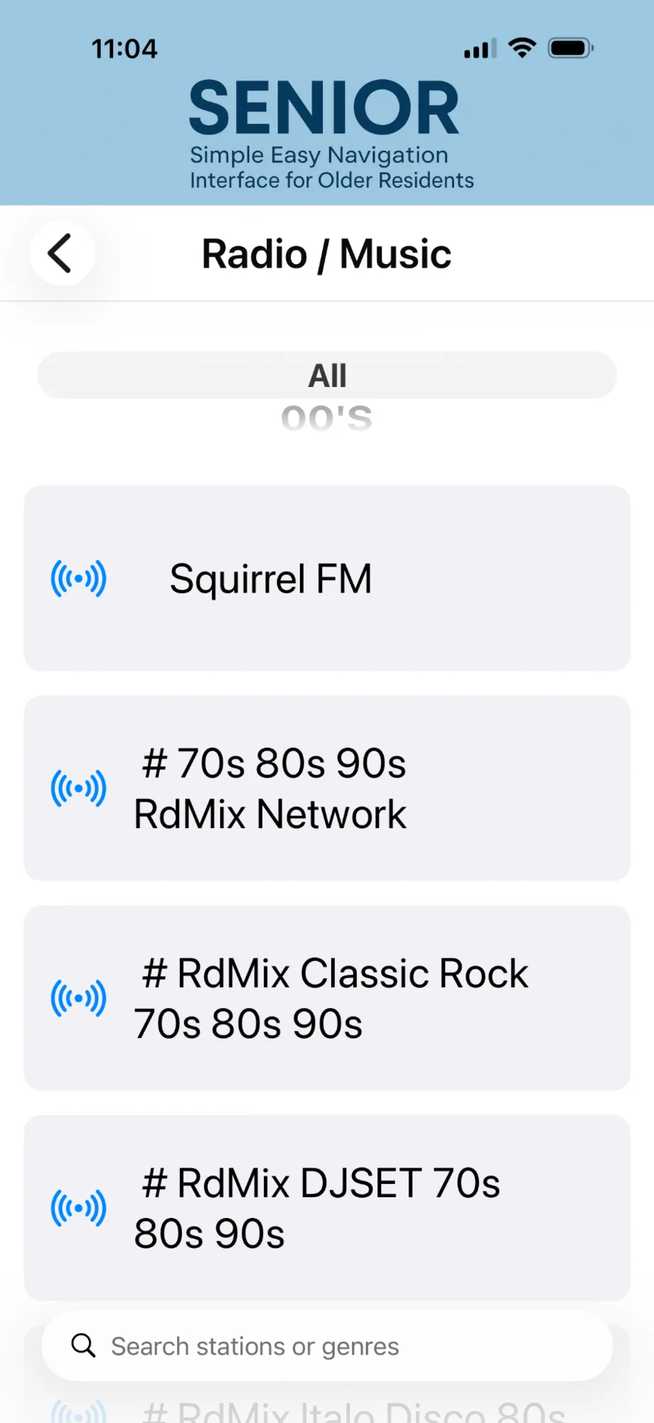 SENIOR radio screen